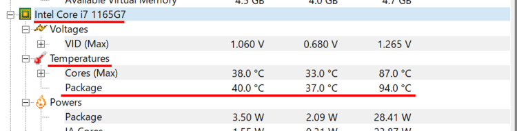CPU欄の[Temperature]にある[Packageの数値を確認]