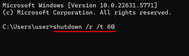 「shutdown /r /t 待機したい秒数」を入力しEnterキーを押下