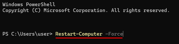 「Restart-Computer -オプション名」を入力しEnterキーを押下