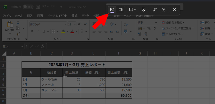 Snipping Toolを起動しカメラボタンをクリック