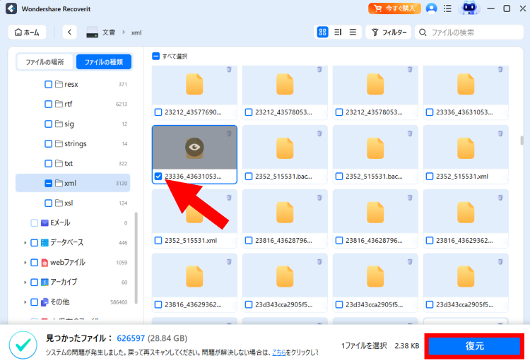 復元したいファイルにチェックを入れ復元をクリック