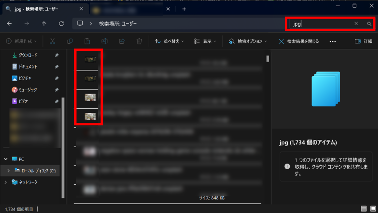 右上の検索ボックスに重複を検索したいファイルの拡張子を入力し検索