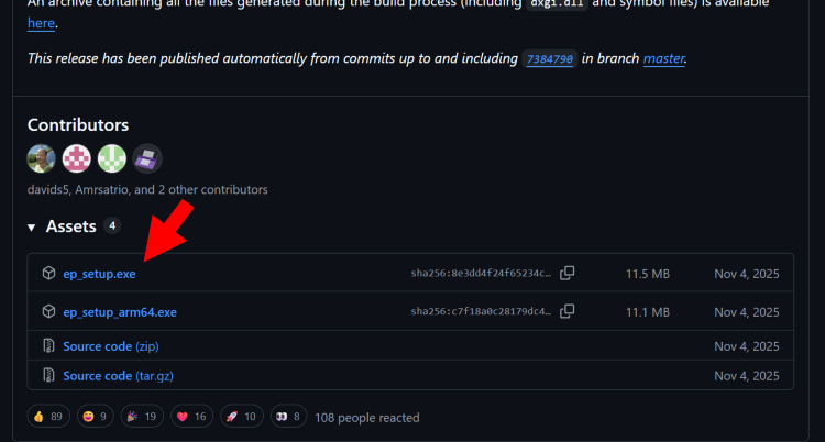GitHubのExplorer Patcher配布ページにアクセスし最新版の「ep_setup.exe」をクリック