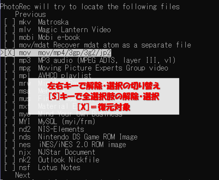 復元対象のファイルの拡張子のみを選択