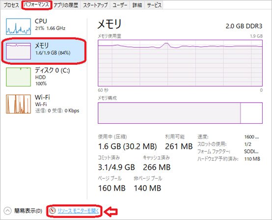 リソースモニターを開く