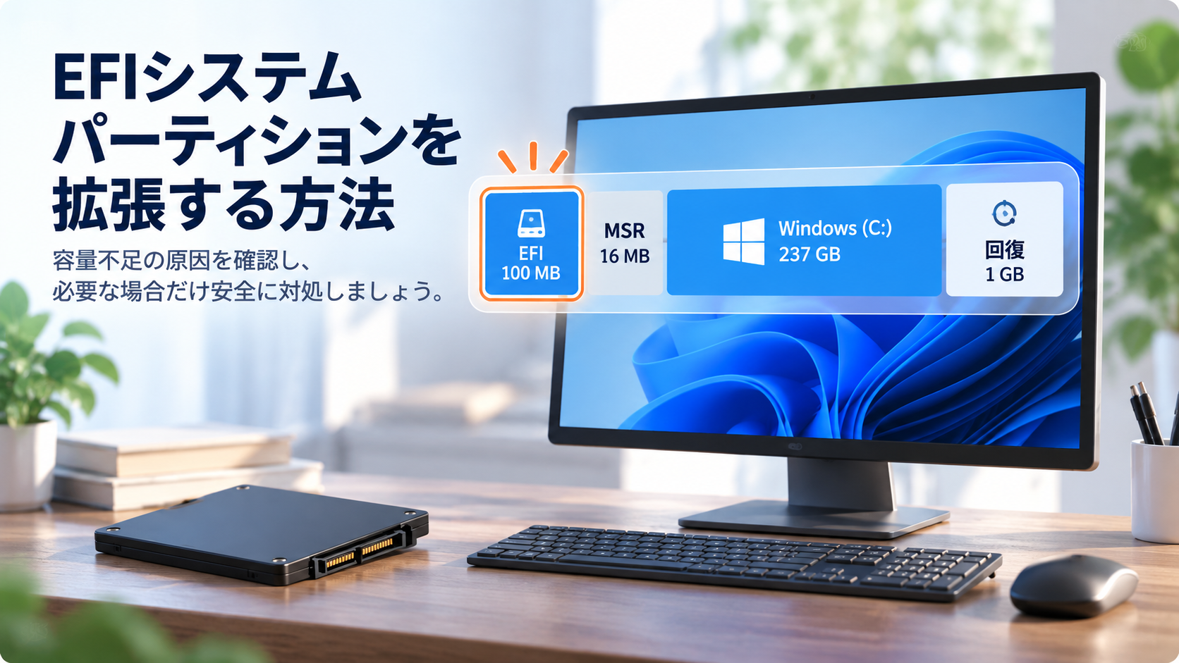 EFIシステムパーティションの拡張をテーマにしたWindows PCとディスク構成のイメージ