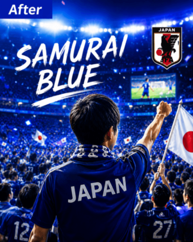 日本代表をイメージした青デザインのサッカー応援画像（After）
